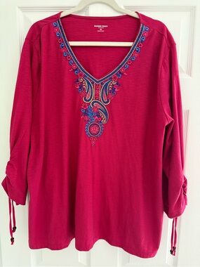 Allison Daley Fuchsia V-Neck Tunic with Blue & Gold Embroidery